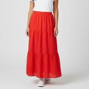 RARE True Beauty By Emme Womens Long Tiered Lined Skirt Red Eyelet Lace Size 14